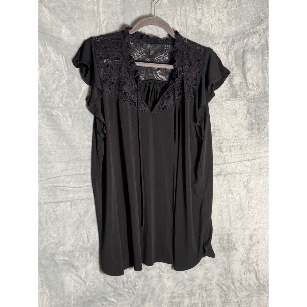 Sweet Rain top Black Lace Yoke Ruffle Neck Flutter Sleeve Blouse 3X TP96434